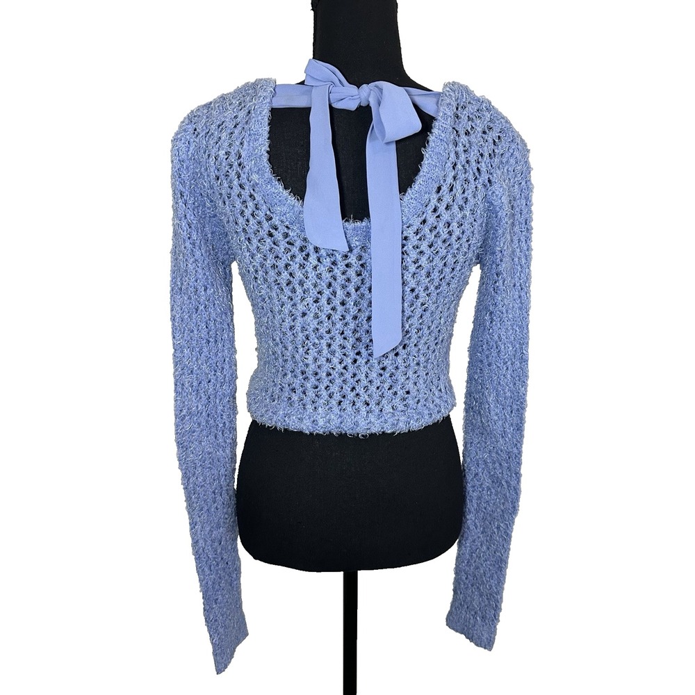 Delia's MEDIUM VTG Y2K Baby Blue Open Knit Crop Fuzzy Sweater Back Ribbon Tie